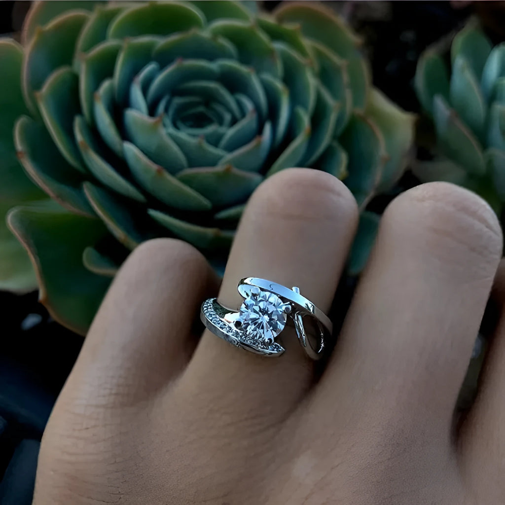 Women's gold-plated copper engagement ring with white zircon inlay and geometric design, sizes 6 to 10
