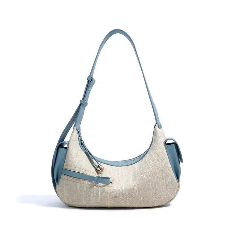 Women's genuine leather messenger bag in Linen Black with horizontal square shape and contrast stitching