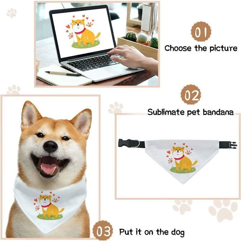 Blank white polyester dog scarf for custom thermal transfer printing in four sizes.