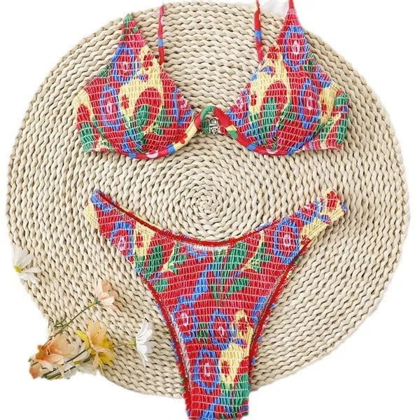 Red floral pattern women's underwire triangle bikini with briefs bottoms