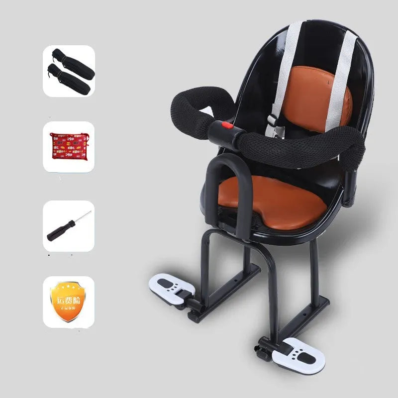 Black front-mounted child safety seat for a battery scooter with a high carbon steel frame.