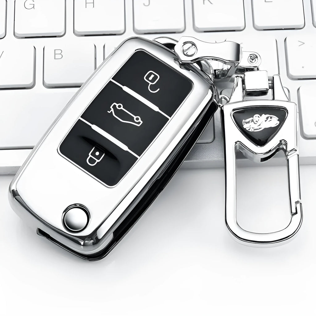 VW Model A folding car key enclosed in a coloured TPU protective case with a metal buckle loop.