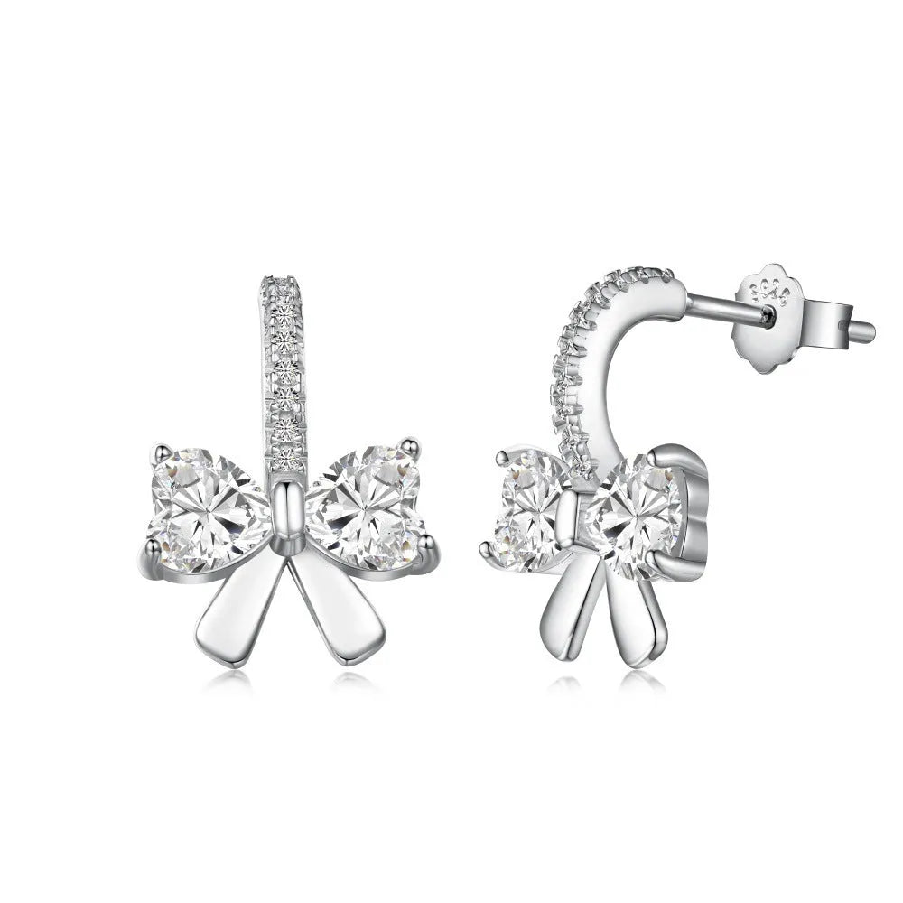 925 silver bowknot ear studs electroplated platinum finish on white background