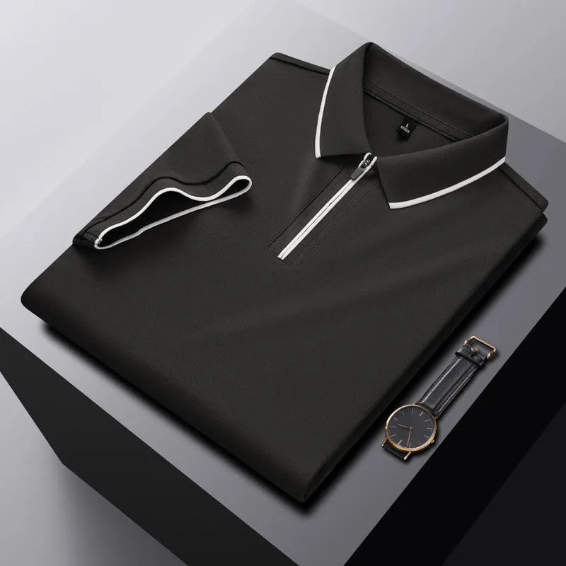 Men's solid colour polo shirt with a front zipper and short sleeves in beige apricot.