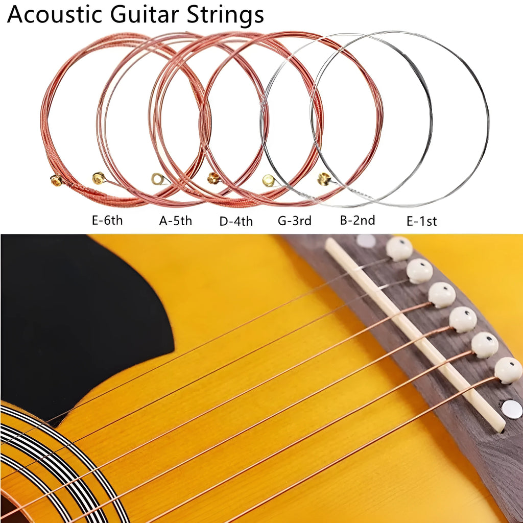 Set of six metal guitar strings with red copper, brass, and colour coatings in rust-proof finish