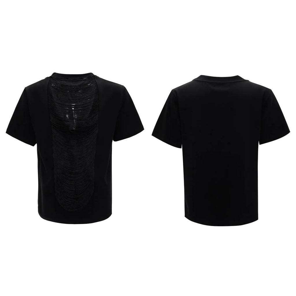 Men's drum black loose fit polyester t-shirt with three-dimensional cutting and short sleeves
