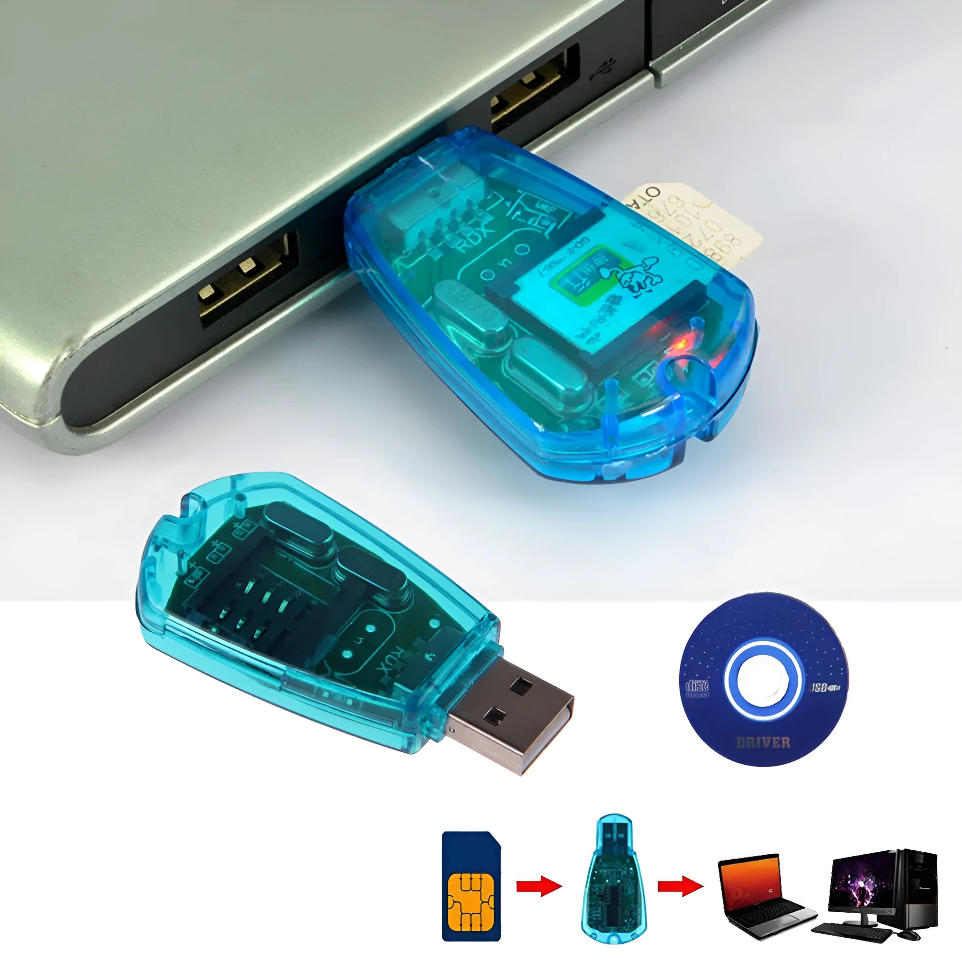 Blue external USB SIM card reader for mobile phone contact and SMS backup on computer.