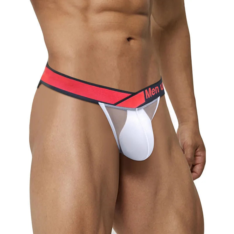Men's transparent ice silk underwear briefs with a large V-cut gradient front in black.