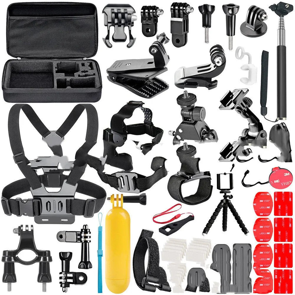 Black GoPro chest mount, helmet mount, and tripod stand accessories kit on a white background.