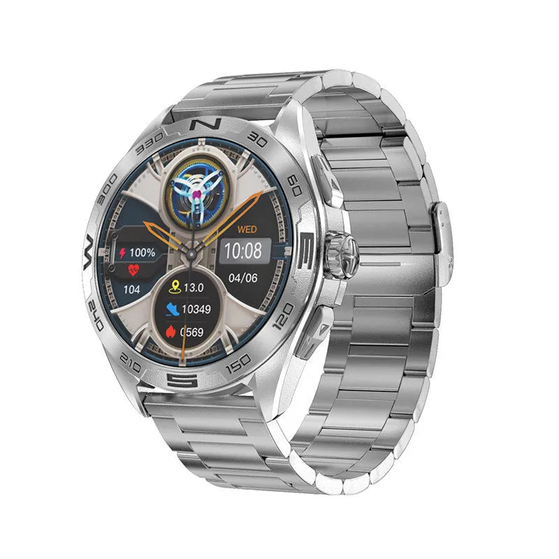 Black steel smart watch with IPS screen displaying health stats and WhatsApp notifications.