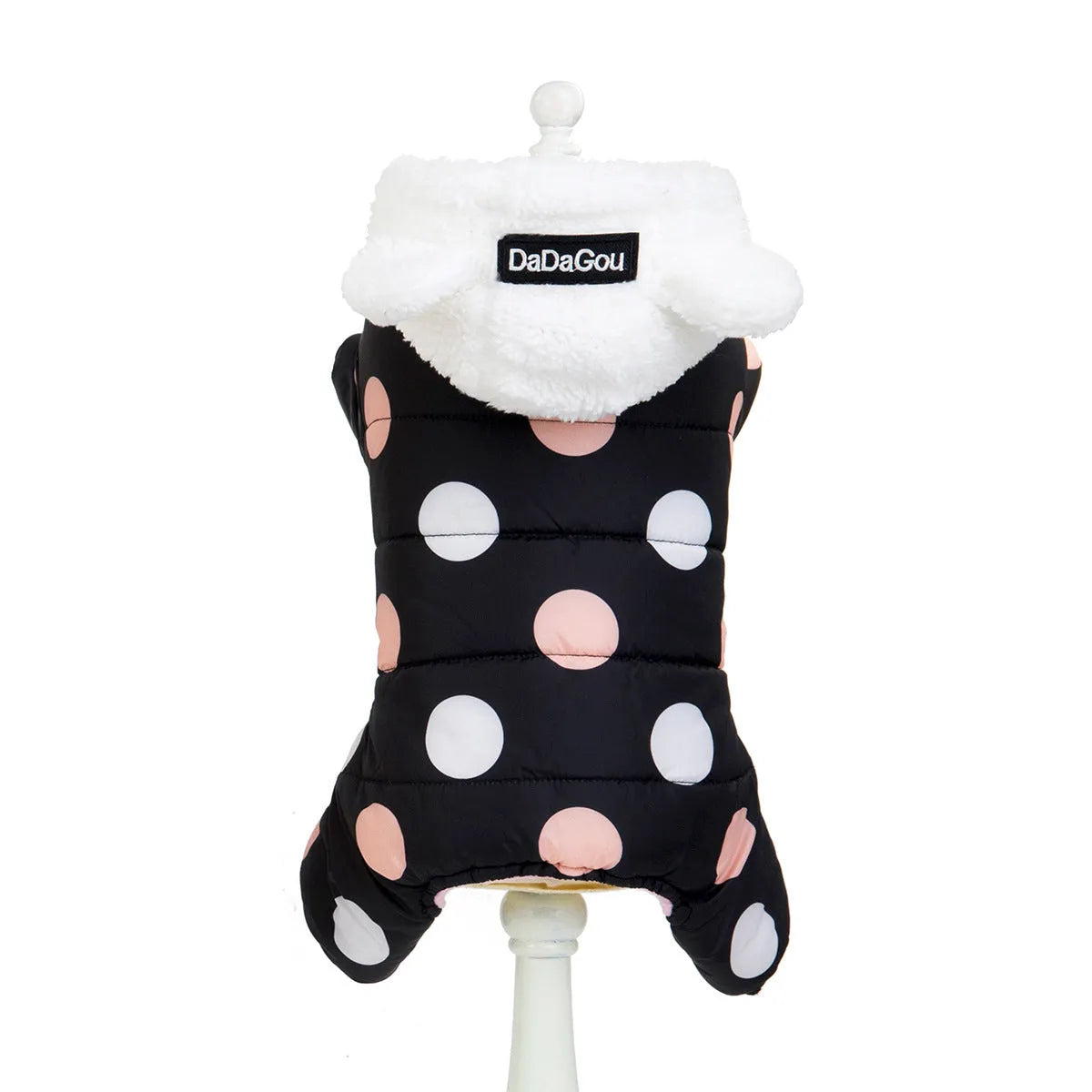 Warm big polka dot four-leg cotton pet coat in black, light yellow, or pink, sizes S to XXL