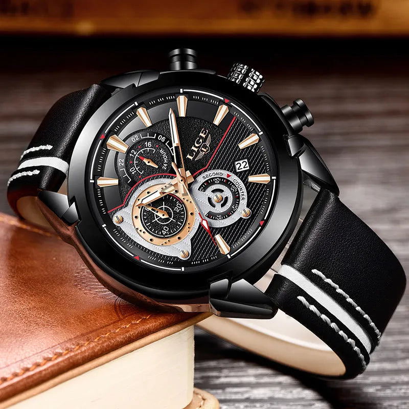 LIGE men's quartz chronograph watch with luminous hands, 45mm stainless steel case, leather band, 3Bar waterproof