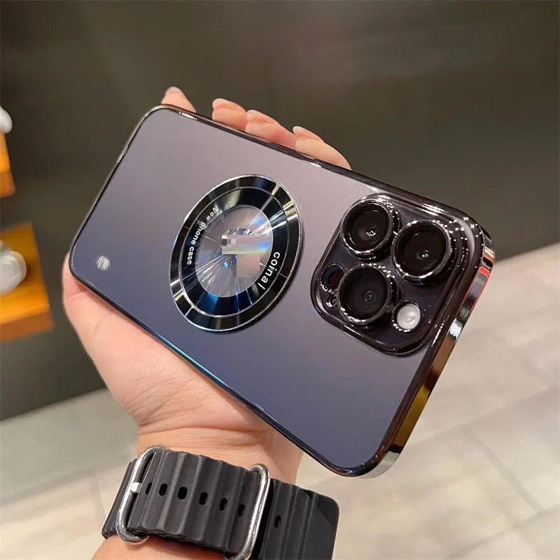 Magnetic suction PC phone case for iPhone with magnifier leakage label design, available in blue gold purple silver