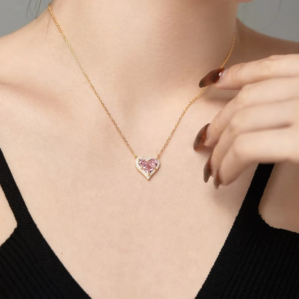 925 silver heart-shaped pendant necklace with zircon stones, electroplated finish, women's light luxury jewellery