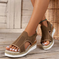 Women's hollow wedges sandals in beige with fly woven mesh upper and peep-toe design
