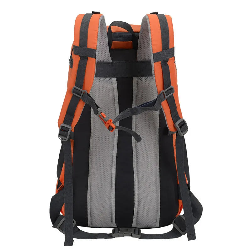 30L Oxford cloth backpack in army green with curved shoulder straps and front pocket, designed for hiking and camping outdoor sports