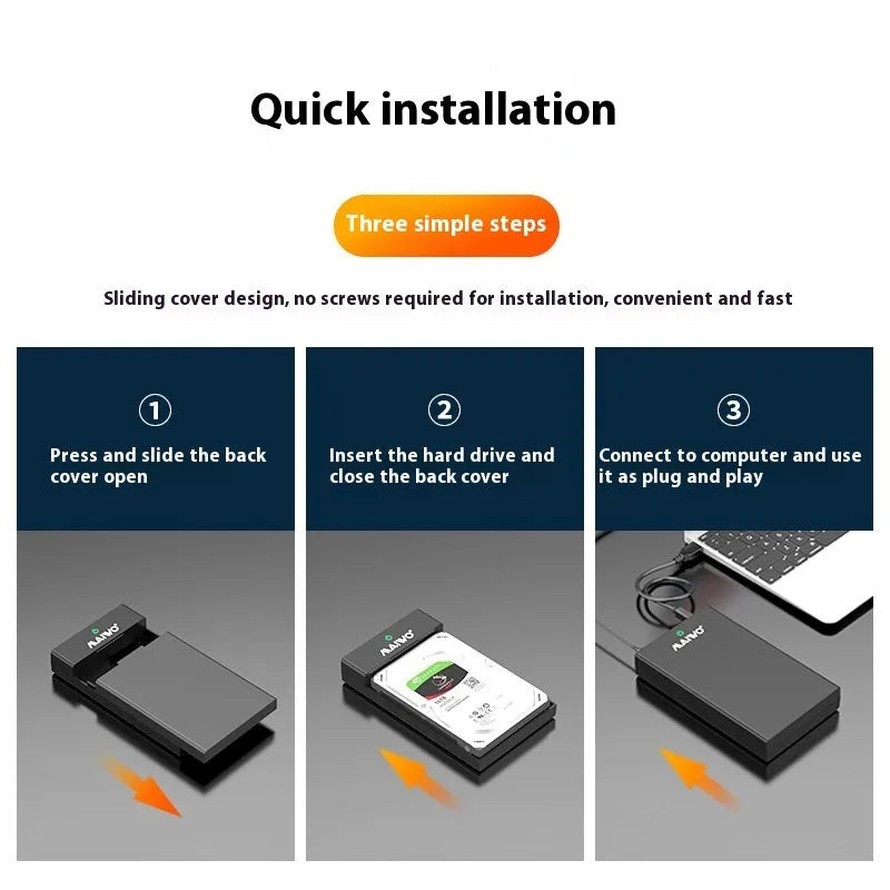 3.5-inch external hard drive enclosure in ABS plastic with USB 3.0 cable and power supply.