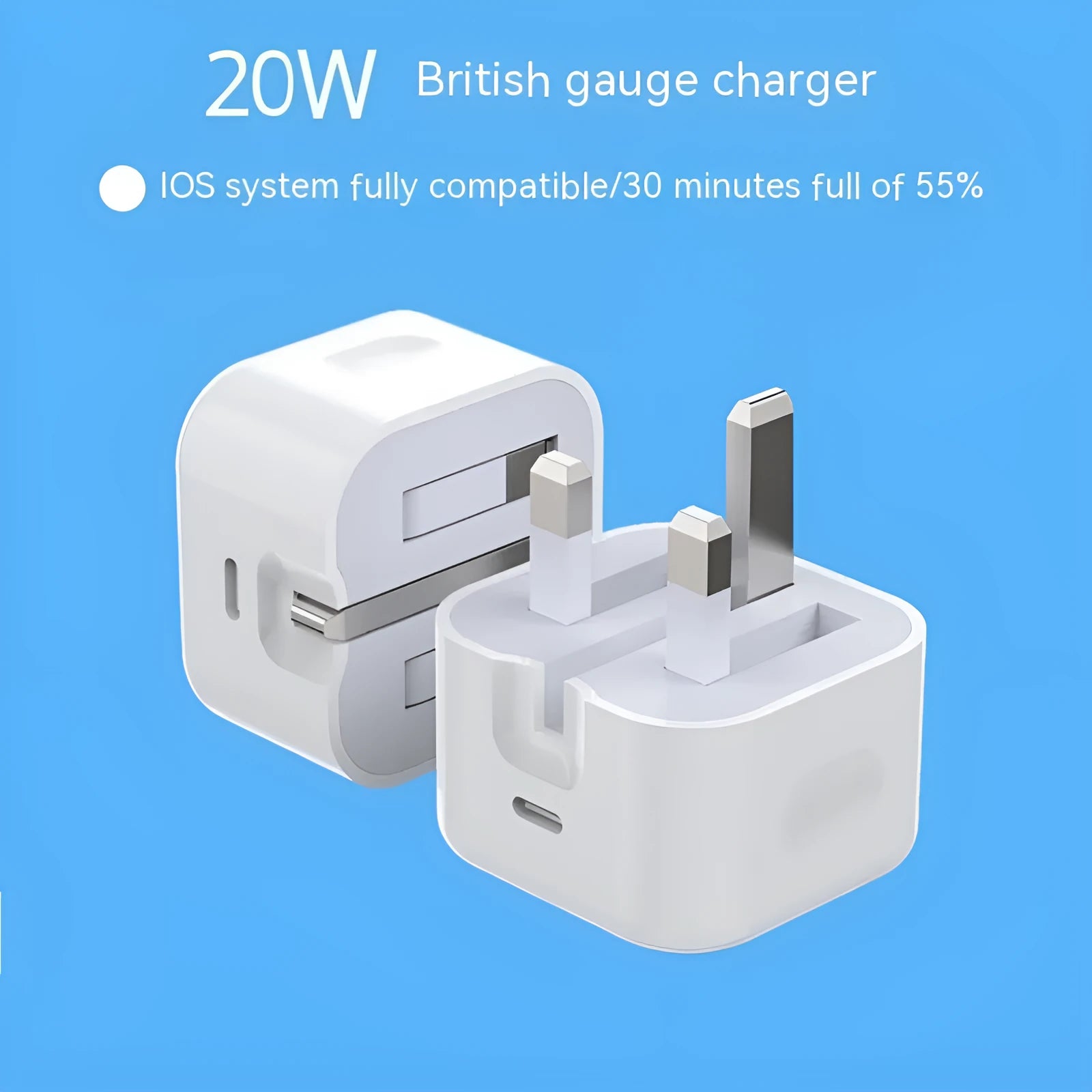 White 20W USB-C UK wall charger with a fixed three-pin plug and a USB-C cable.