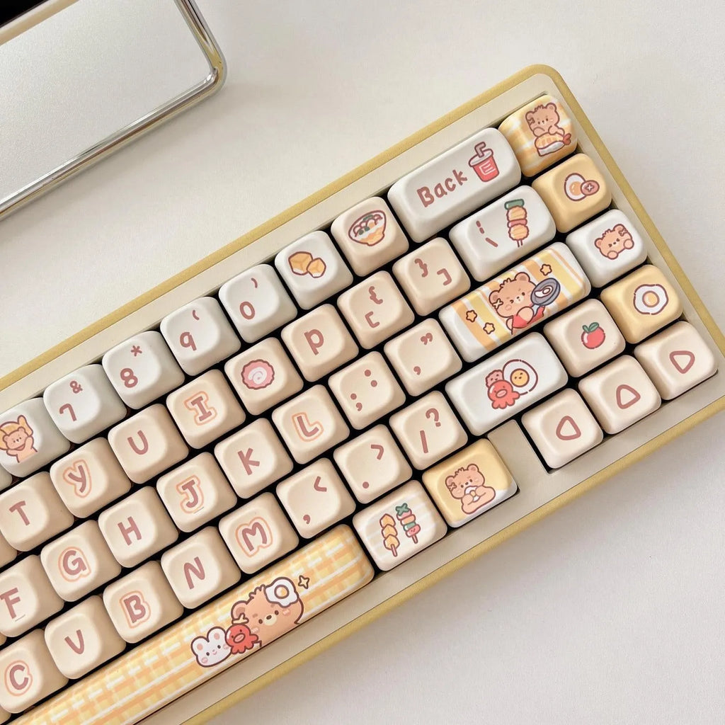 Rabbit Bear Restaurant themed PBT keycap set with EOA height profile, showing 140 colourful keycaps with sublimated designs.