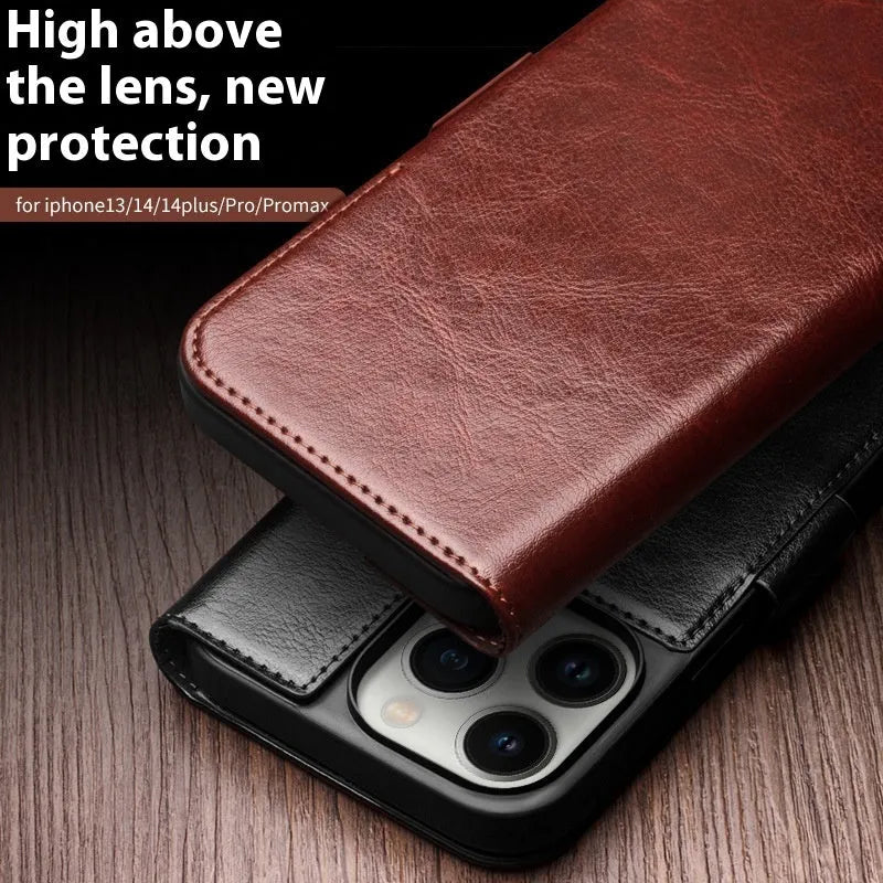 Genuine leather magnetic flip cover for iPhone 14 in black colour