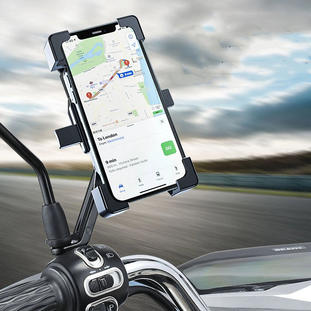 Bicycle phone holder with four-corner design on handlebar, black PVC, compatible with 4.5-6.3 inch phones