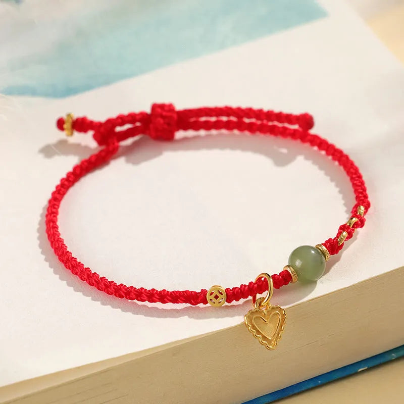 Handmade woven bracelet with 925 silver and Hetian jade, red carrying strap