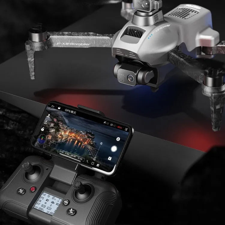White folding quadcopter drone with camera, shown with remote control and shoulder bag.