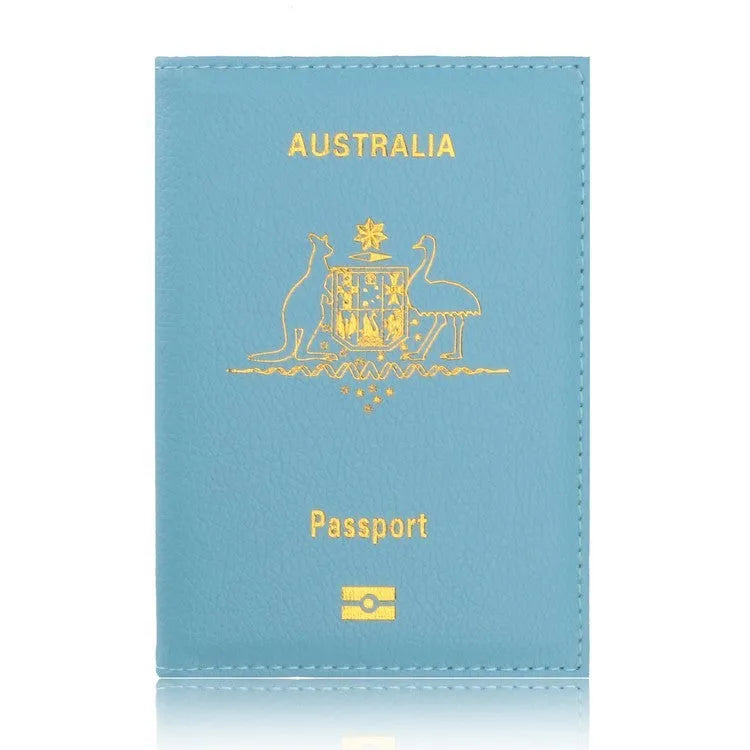 Light blue PU leather card bag passport wallet with ID and card slots on flat surface
