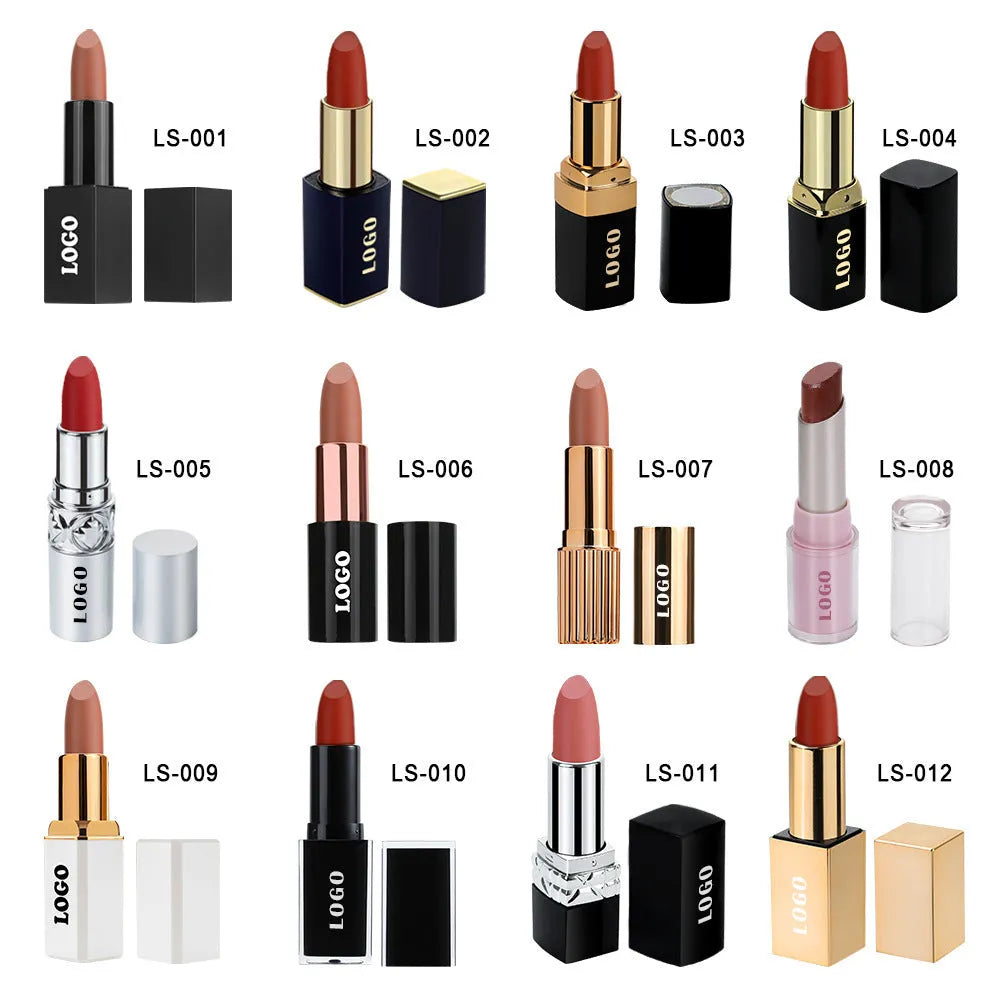 Matte finish lipstick in tube with nonstick cup applicator, one of 24 waterproof shade options.