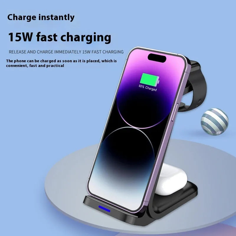 Black three-in-one wireless charger desktop vertical stand charging smartphone and earphone case