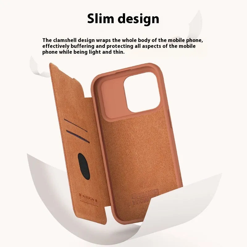 iPhone 15 imitation leather flip case in black, brown, and red colour options showing front cover design