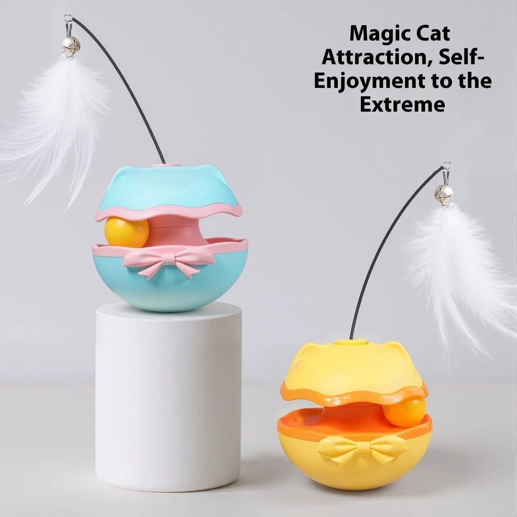 Electric self-righting cat tumbler toy in lemon yellow, sky blue, and soft fog grey colours.