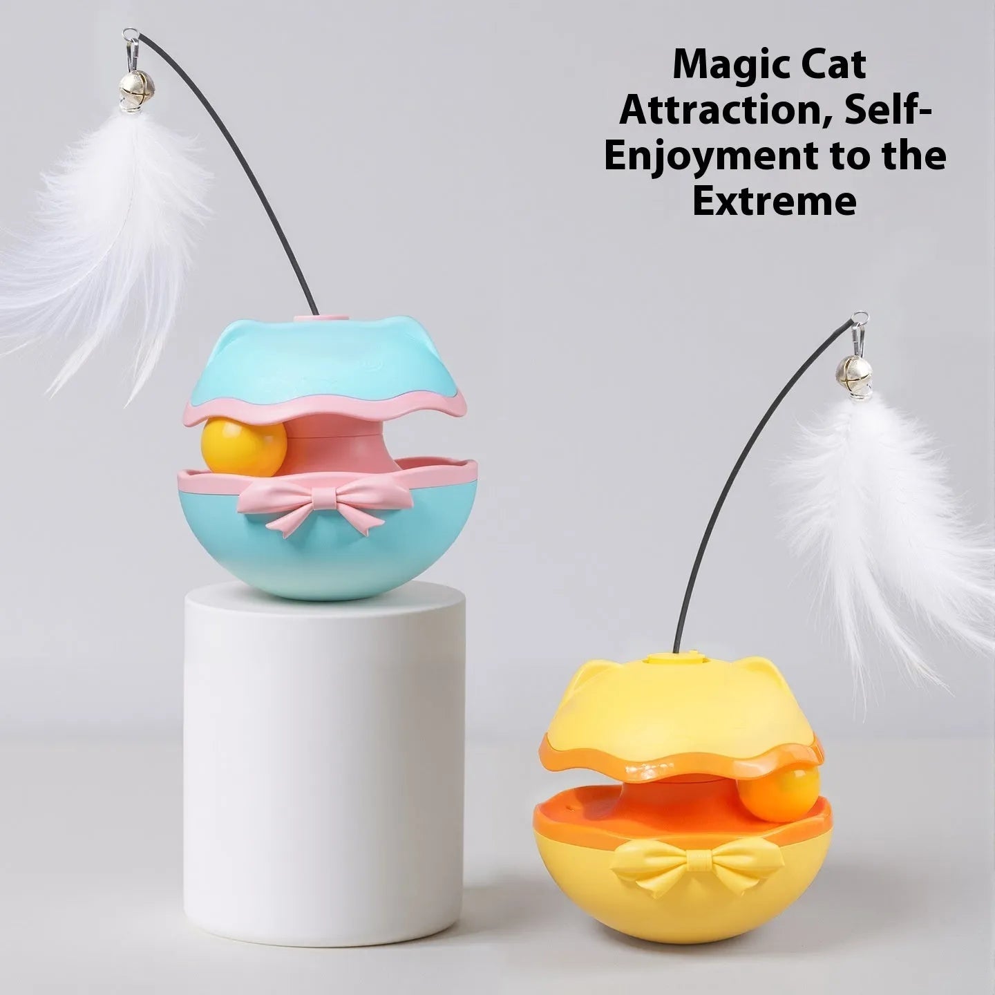 Electric self-righting cat tumbler toy in lemon yellow, sky blue, and soft fog grey colours.