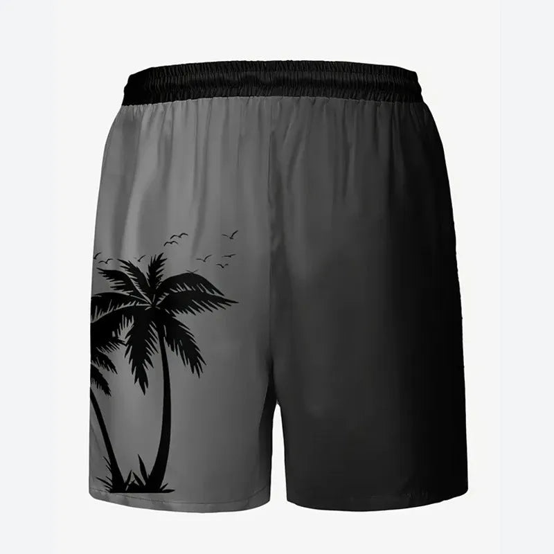 Men's loose-fit polyester beach shorts shown in one of 11 colour options, sizes up to 5XL.