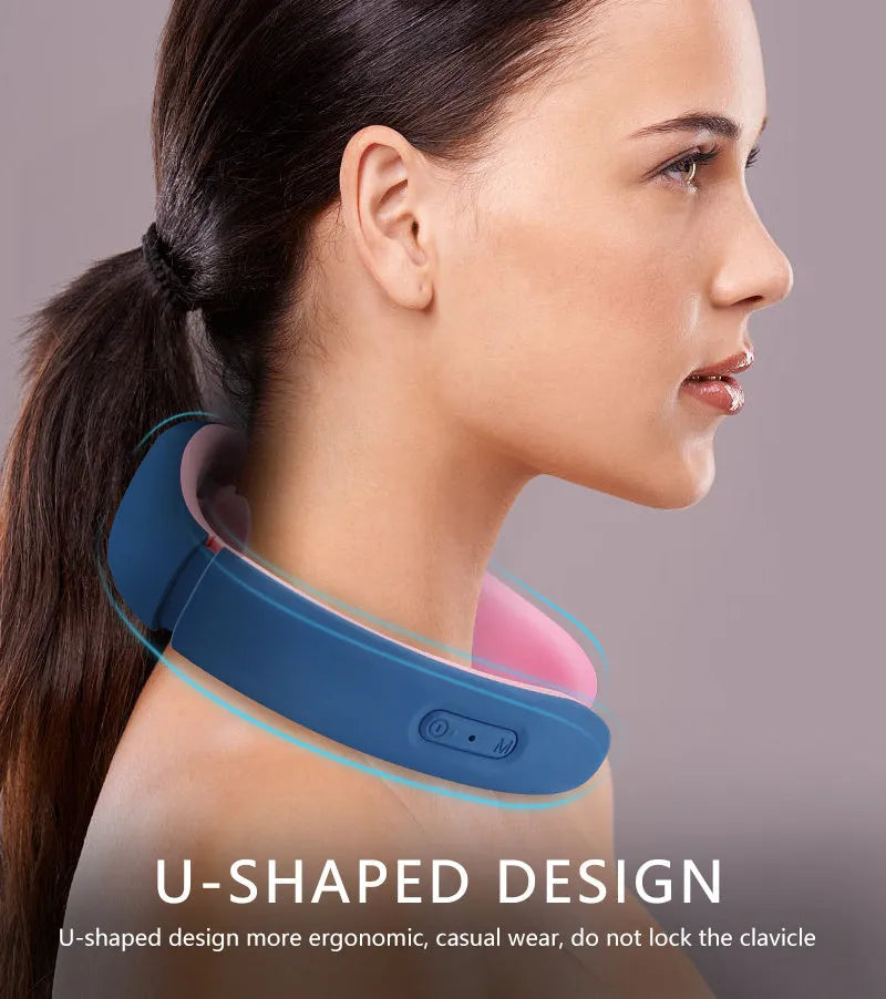 White electric pulse neck massager collar with three massage contacts and heat button