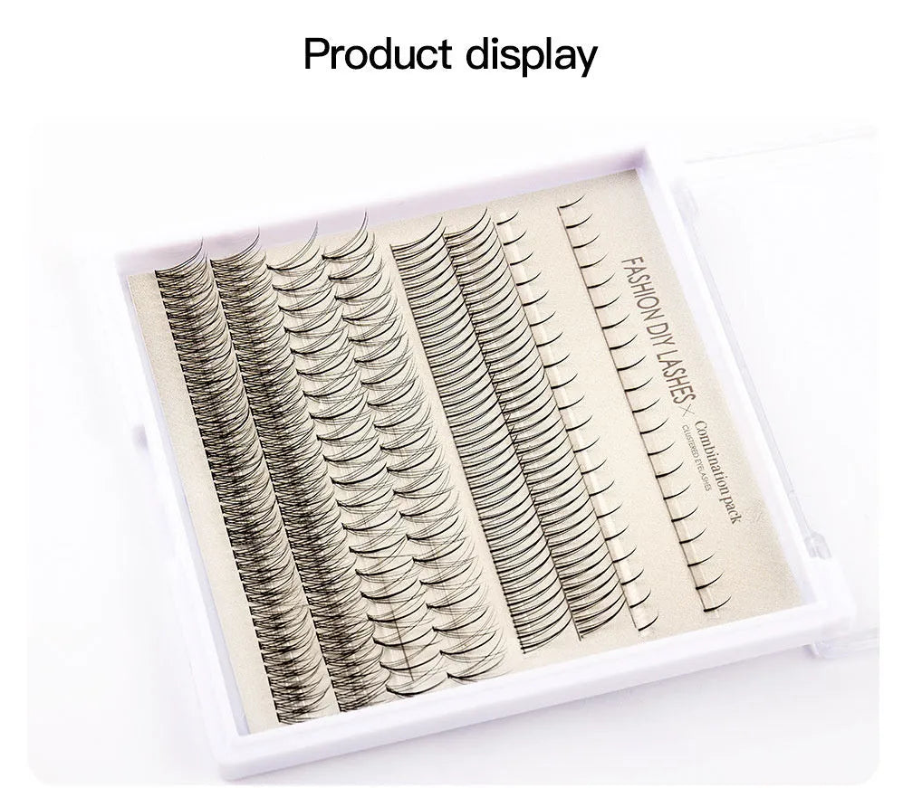 False eyelash glue kit with segmented artificial fibre lashes, pink and black adhesives, tweezers and brush applicators