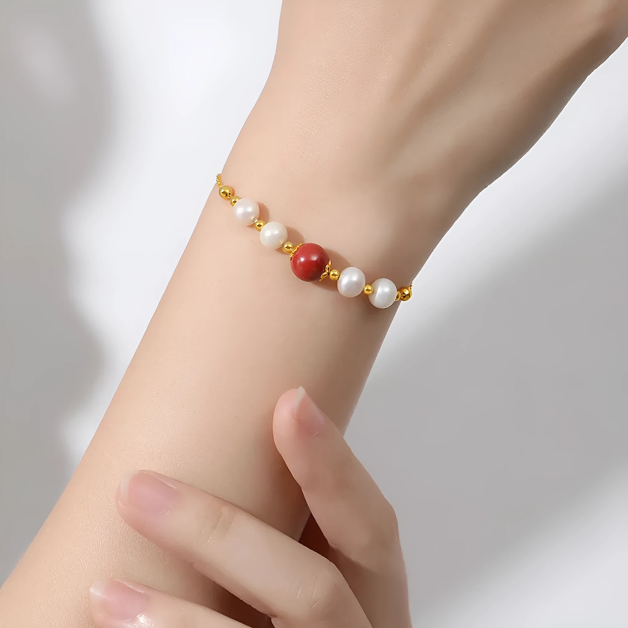 Yellow retro-style 925 silver bracelet with red bean pearl cinnabar design for women