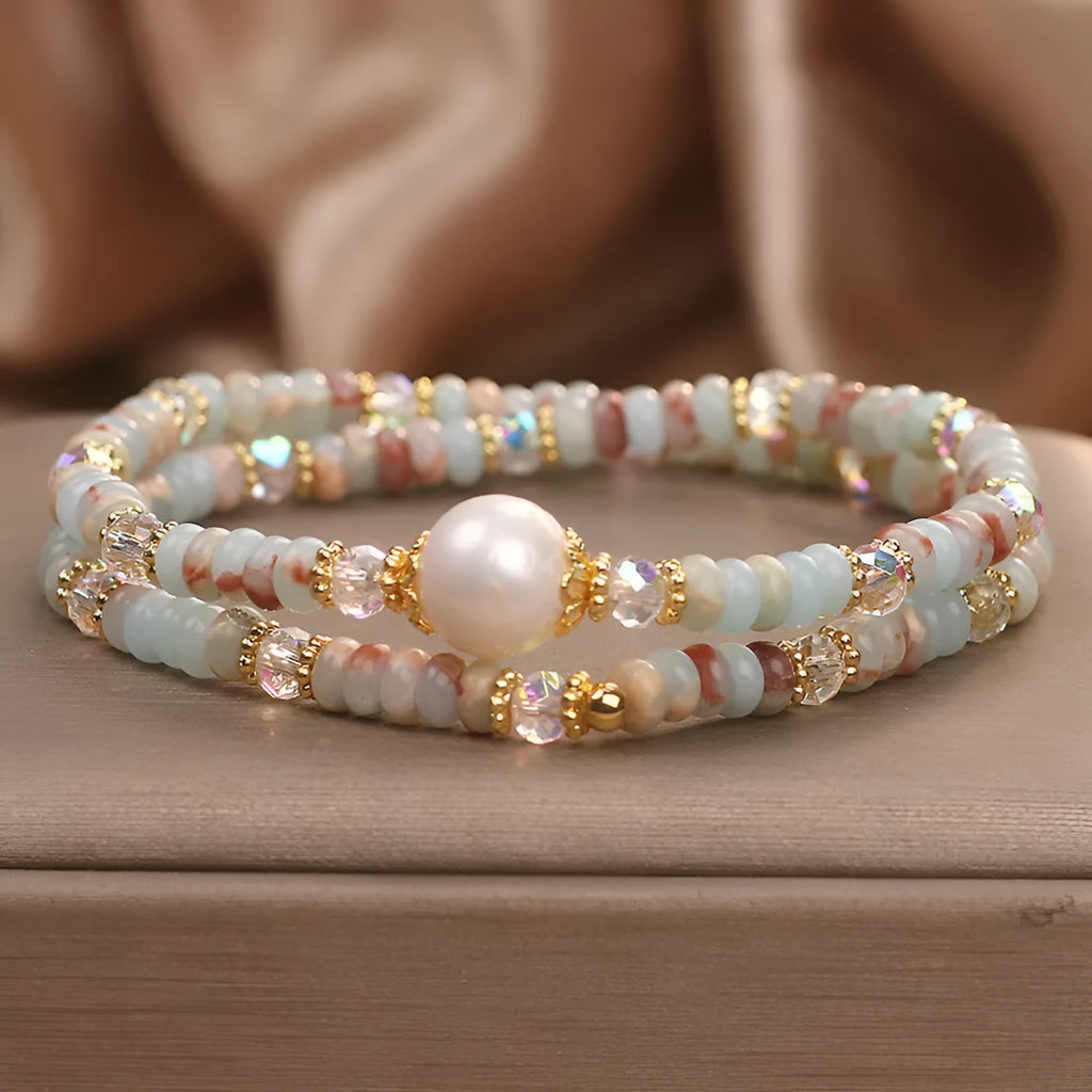Natural colour Shoushan stone double circle bracelet with crystal one pearl on white background