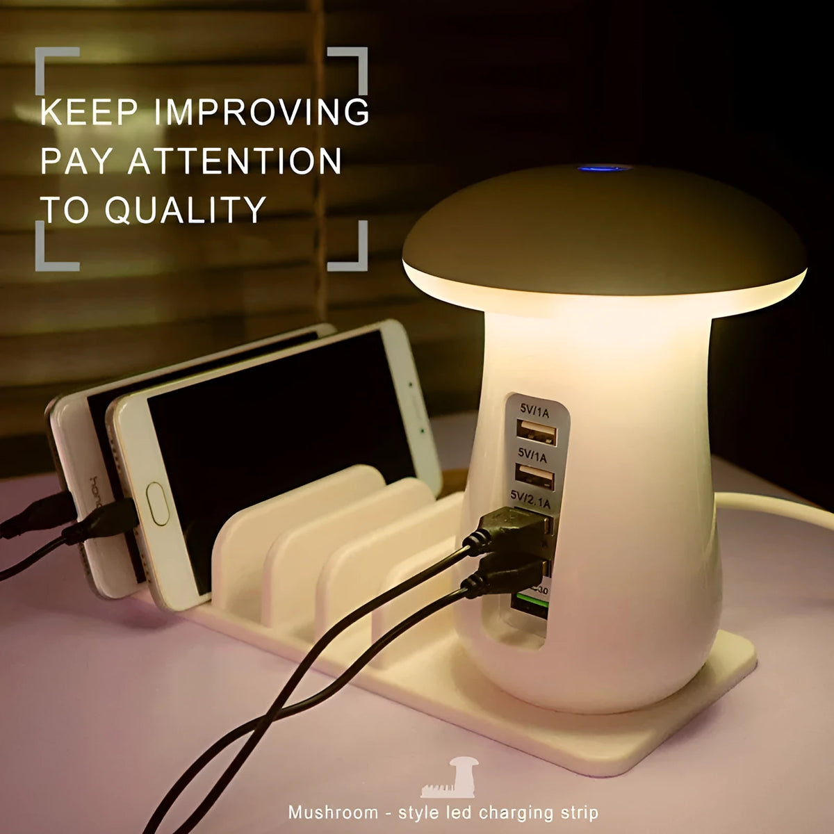 White 2-in-1 mushroom lamp USB charger with Qualcomm Quick Charge 3.0 on a wooden desk