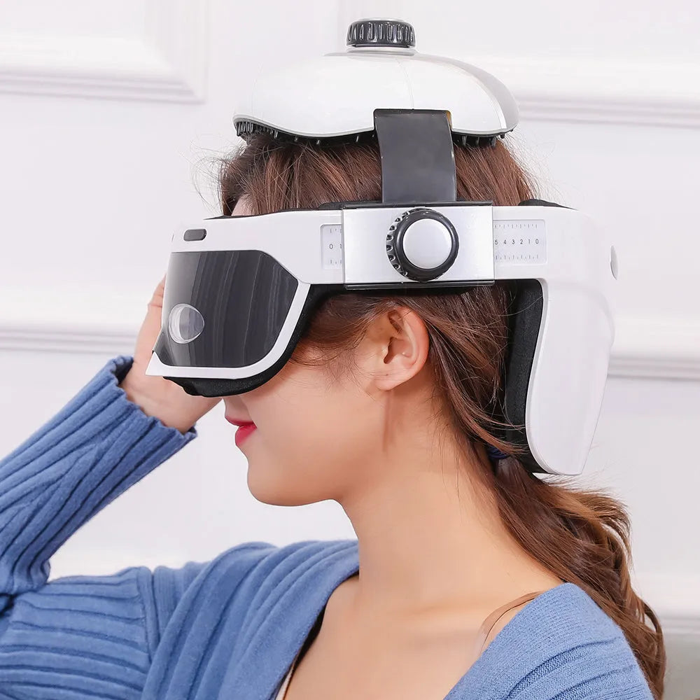 White and black electric eye massager with hot compress, air pressure massage and adjustable size for eye and head massage