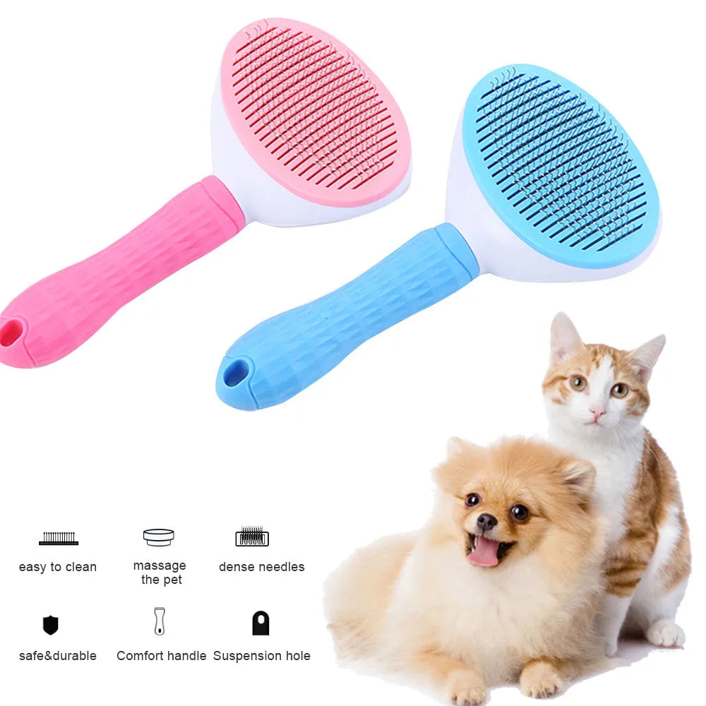 Self-cleaning pet comb with thick steel needles, ABS/TPR body, 18.5cm x 10cm, blue or pink, for cats and dogs.