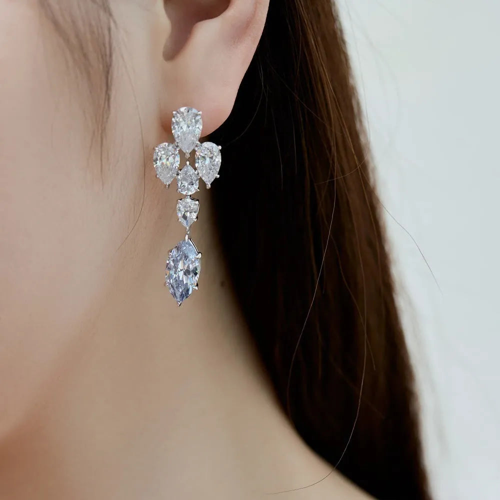 S925 sterling silver raindrop stud earrings in platinum blue diamond electroplated finish