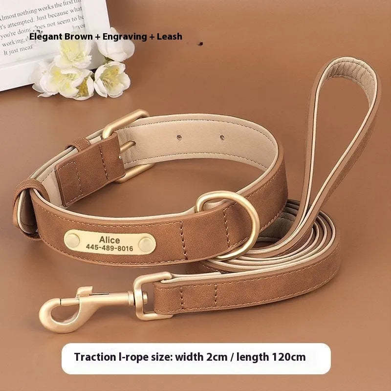 A blue double-layer leather dog collar with a matching mohair traction rope on a grey background.
