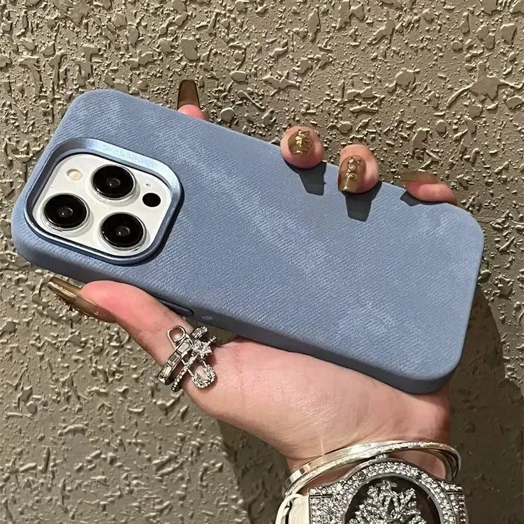 Magnetic velvet iPhone case in silver grey colour with shockproof hard case design