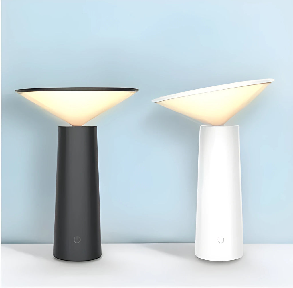 Black USB LED table lamp with touch controls and adjustable 40-degree flip head on wooden desk
