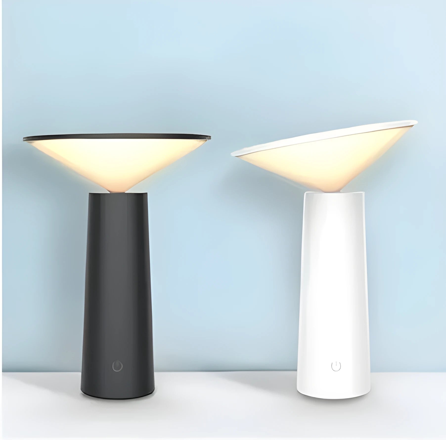 Black USB LED table lamp with touch controls and adjustable 40-degree flip head on wooden desk