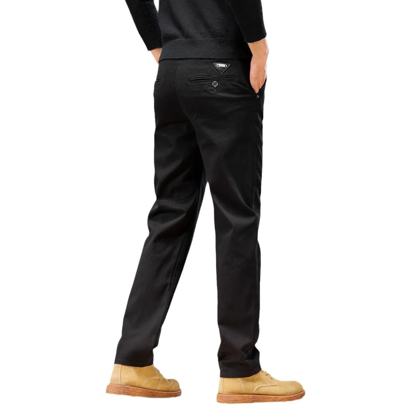 Men's cotton denim loose straight casual trousers in rust red with zip fly and elastic waist, front view
