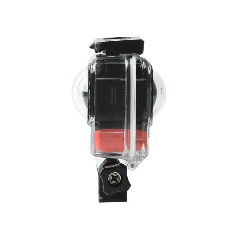 Transparent waterproof case for Insta360 One RS panoramic camera with dimensions 9cm x 8cm x 4.5cm
