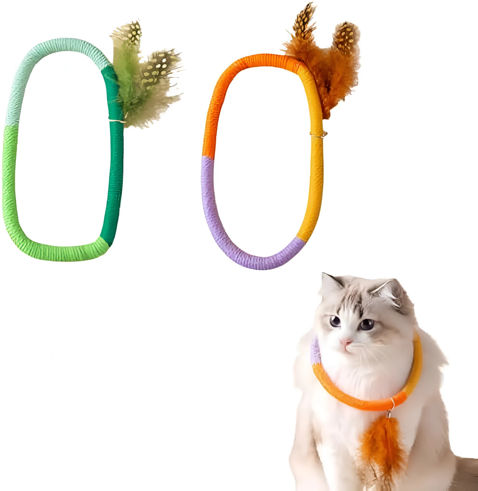 Green circular cotton rope cat toy with feathers and catnip for chewing and interactive play
