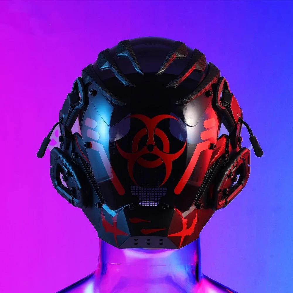 Black full face plastic prop mask helmet with a bioweapon-inspired cyberpunk design.